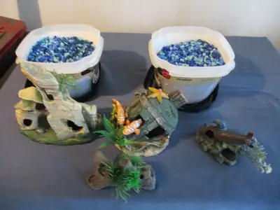 LOT OF 4 AQUARIUM ORNAMENTS & OVER 9 LBS. GRAVEL, View more
