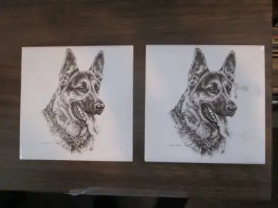 pair of ceramic German Shepherd coasters., View more