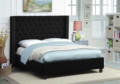 Black Fabric Wing Bed with Deep Button Tufting  Nailhead Details, View more