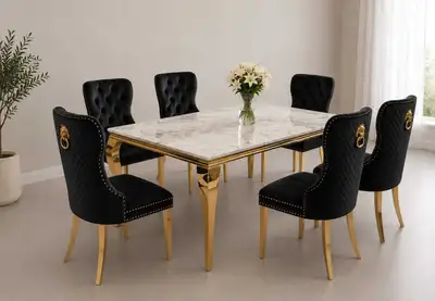 White Marble Dining Table Set – Gold Base With 6 Black Chairs, View more
