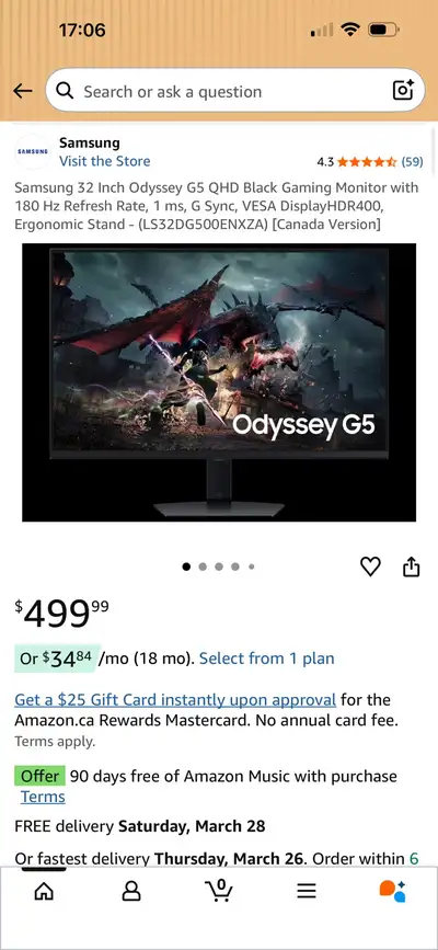 Samsung Odyssey G5 32” QHD Gaming Monitor – 180Hz, 1ms, View more