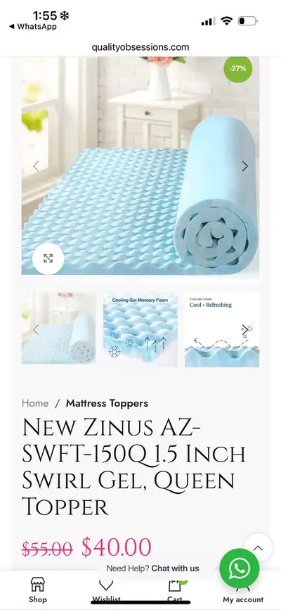 New New Zinus 1.5 Inch Swirl Gel, Queen Topper, View more
