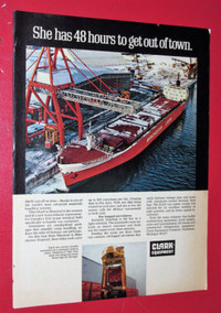 1970 CLARK CRANE AD WITH CARGO SHIP AT PORT OF MONTREAL VINTAGE