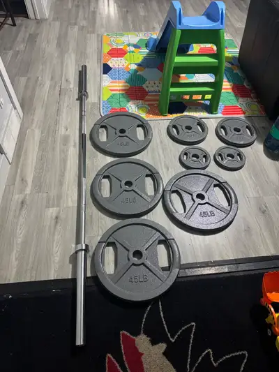 Olympic weight plates, bar included, View more