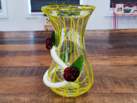Stunning Art Glass Yellow Stripes Vase With Applied Flowers