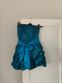 Aqua blue strapless dress with bow