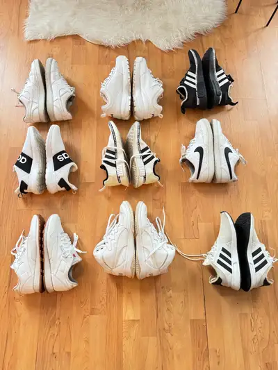 White Nike 10 (20$) White Nike with black logo 10 (45$) Beige Adidas with black strips 9.5 (20$) Bei...