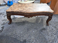 MCM Ornate Carved Wood and Travertine Top Coffee Table