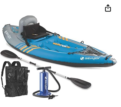 Easy to inflate one person kayak. Great for those who can't store or transport a regular kayak. Only...