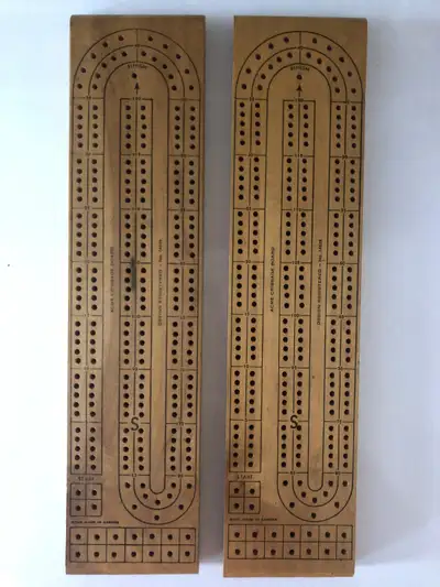 Two vintage Acme wooden cribbage boards, View more