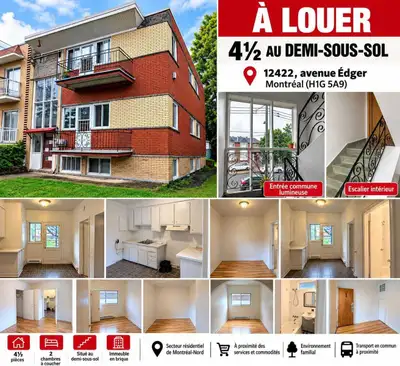 À LOUER | BEAU 4½ À MONTRÉAL-NORD 12422, avenue Édger, Montréal, H1G 5A9 Découvrez ce 4½ situé dans...