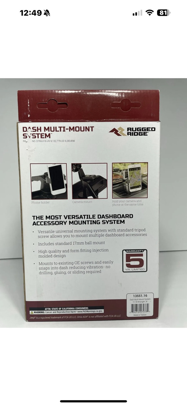 Dash Mount Phone Holder Kit for Jeep Wrangler JK 2011-2018 13551 in Other Parts & Accessories in Sarnia - Image 2