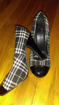 Plaid black patent toe heels