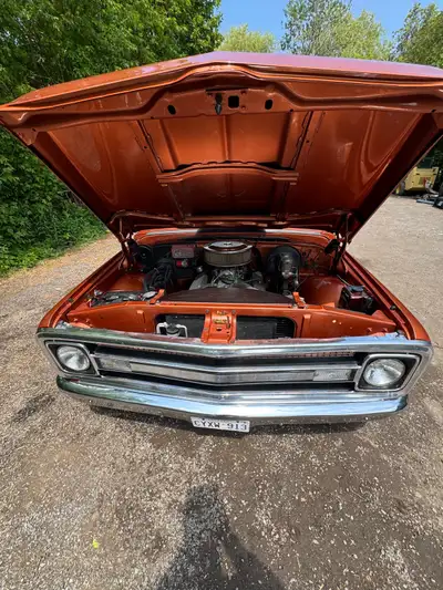 1970 Chevrolet C20 Custom orange paint job with flames on the doors and in the box on the wheel well...