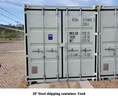Steel Shipping Container. 20'. Used. Grade A Condition. Includes Removable 3 Tiered Shelving Bracket...