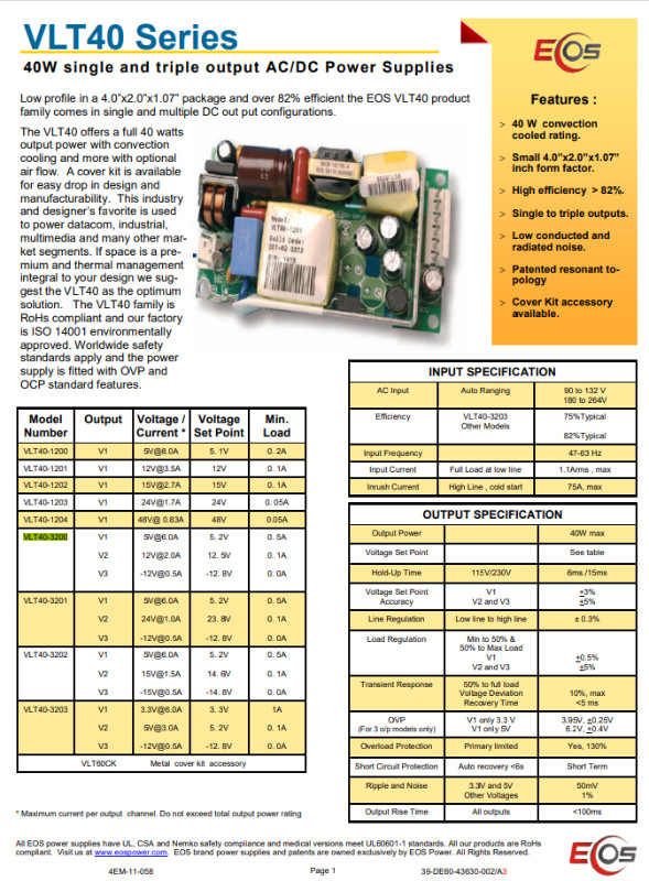 EOS Power VLT40-3200 ACDC Power Supply 3-OUT 5V, 12V,-12V 40W dans Autre  à Laval/Rive Nord - Image 2