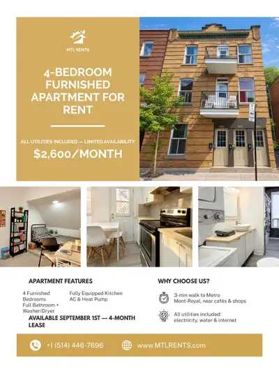 4 MONTH / 4 BEDROOM / STUDENTS Available September 1st Just a 3-minute walk to Metro (Mont-Royal - H...