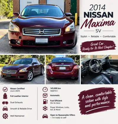 2014 Nissan Maxima SV – Leather | V6 | Great Condition Selling my 2014 Nissan Maxima SV. It drives g...