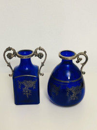 Antique ornate silver plated and glass bud vases Cobalt blue