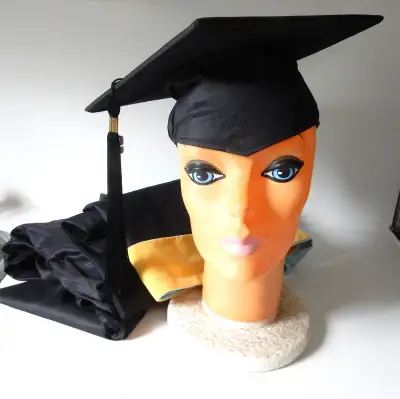 Graduation mortar board cap, gown and cowl, black, size sm, View more