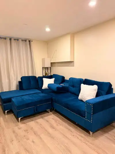 Blue Velvet Sectional Sofa with Storage Ottoman, View more
