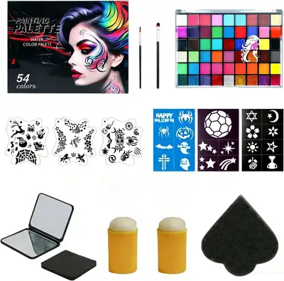 54-Color Kids Face Painting Kit w Mirror, Stencils & Sponges – N, View more