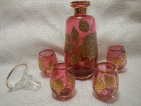 Antique Cranberry Moser Art Glass Cordial Decanter 4 Glasses
