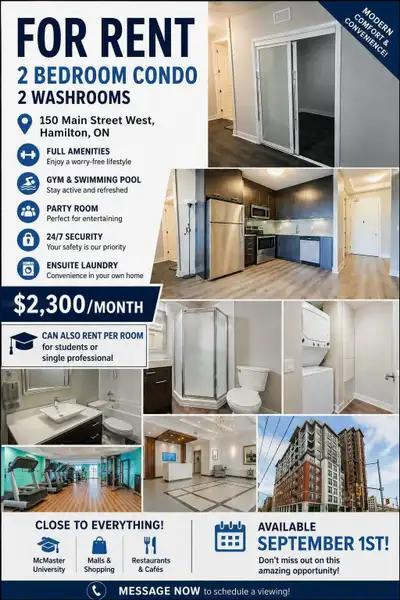 *For Students or Professionals * ️ Modern 2-Bedroom, 2 full washroom Condo for Rent in the Heart of...