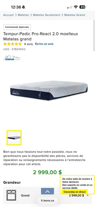Matelas Tempur-Pedic PROREACT Queen (grand) 12 pouces, View more
