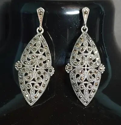Vintage Sterling Silver Victorian Revival Floral Drop Earrings, View more