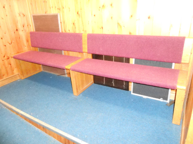 Solid oak 8ft church pew with burgundy cloth fabric on seat&back in Chairs & Recliners in Peterborough
