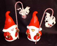 Pair Charming 19" Festive Decorated Ceramic Santa Gnome Statues!