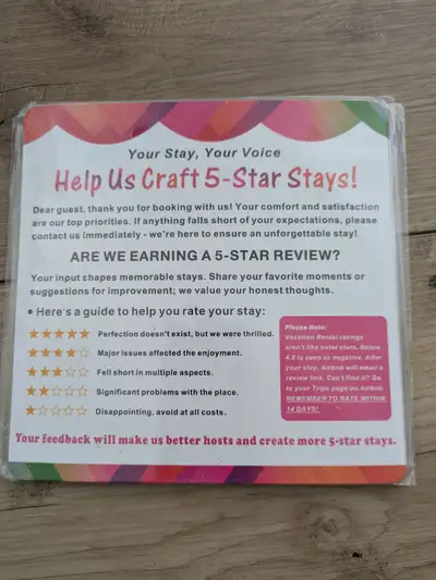 Feedback Request and Rental Supplies for Vacation Homes, Guest Rooms, Airbnb, VRBO, Short-Term Renta...