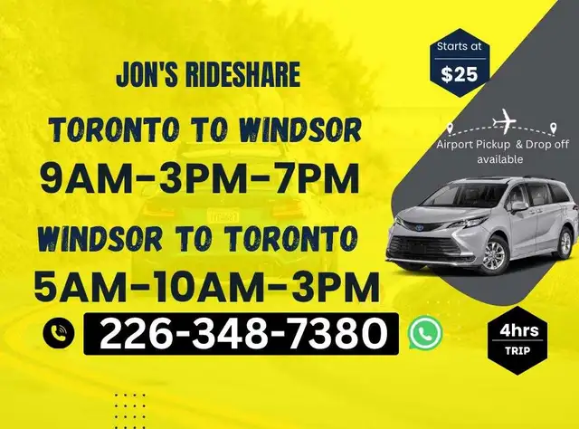 9AM -3PM-7PM-   》 TORONTO TO WINDSOR / EVERYDAY  in Rideshare in City of Toronto - Image 2