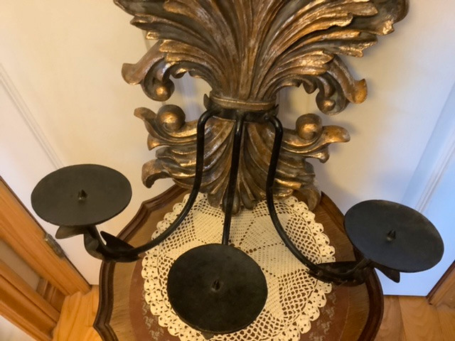 Vintage Ornate Iron & Chalkware Three Candle Wall Sconce in Arts & Collectibles in Belleville - Image 2