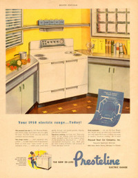 Vintage 1946 full-page, color ad for Presteline Electric Ranges