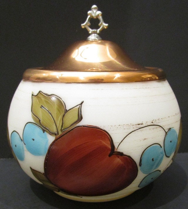 VINTAGE HAND PAINTED GLASS & COPPER "BISCUIT BARREL" in Arts & Collectibles in Hamilton
