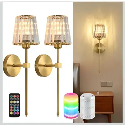 Set of 2 Gold Crystal Battery Rechargeable Wall Sconce, View more