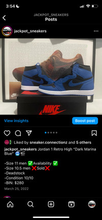 Jordan 1 Retro High “Dark Marina Blue”Size 11 men