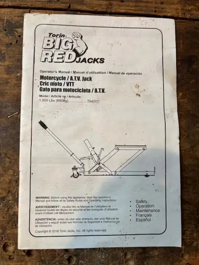 For sale Big Red motorcycle/ATV manual hydraulic jack. Lightly used to work on several vintage motor...