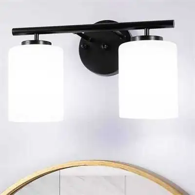 Black double vanity light fixture with frosted glass shades, View more