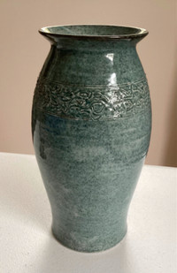 Signed Handcrafted Mottled Green Ceramic Vase