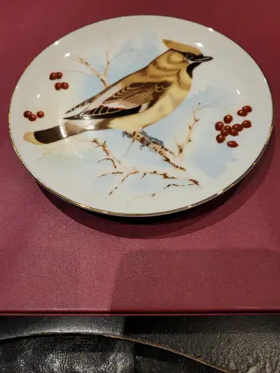 Decorative plate featuring a bird sitting on a tree branch. The plate is 6.5 inches wide and has a h...