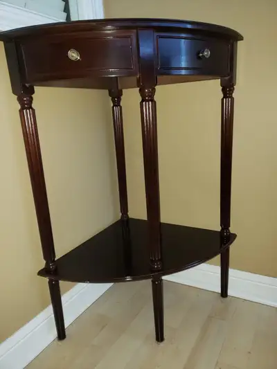 Elegant Wooden Corner Arc Table, Bottom Shelve and Top Shelf, View more