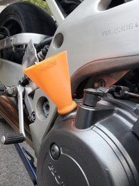 Motorcycle screw in oil funnel with air hole. Fast oil changes