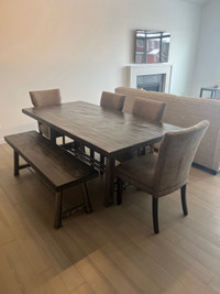 Mango dining room table with bench and four chairs