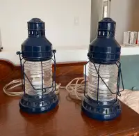 2 Retired Pottery Barn Lantern Lamps Navy Blue, Nautical Coastal