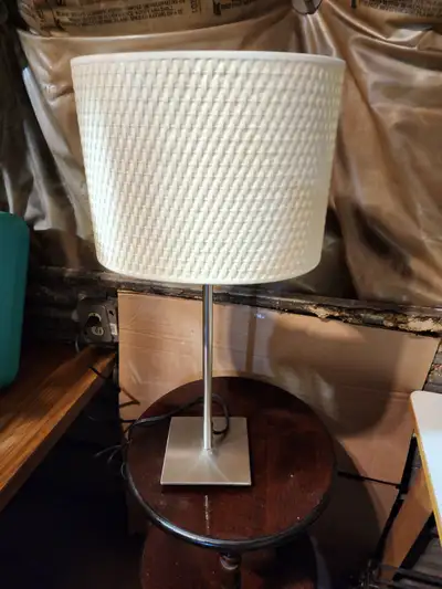 silver lamp stick white shade square base table desk indoor, View more