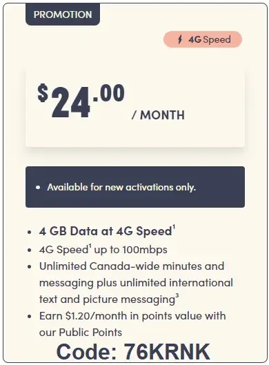 50GB $34 promo phone plan Canada Wide Public Mobile code: 76KRNK