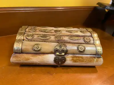 Vintage Bone Trinket Jewelry Box with Brass Trim, View more
